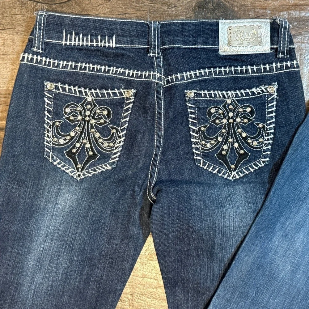 Miss Chic Y2K Rhinestone Fleur De Lis Denim Jeans Bundle, Dark & Med Wash, 7 - Picture 7 of 8